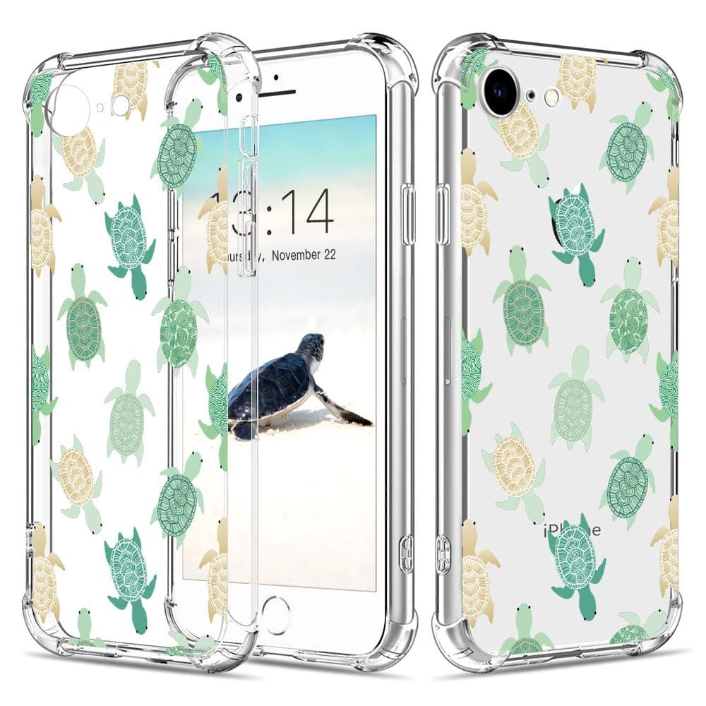 Caroki iPhone 7 Case, iPhone 8 White Case Shockproof Turtle Design [Slim Fit] Transparent Case with Reinforced Corners Soft TPU Bumper Cover For iPhone 7/8 4.7"-Cute Turtle