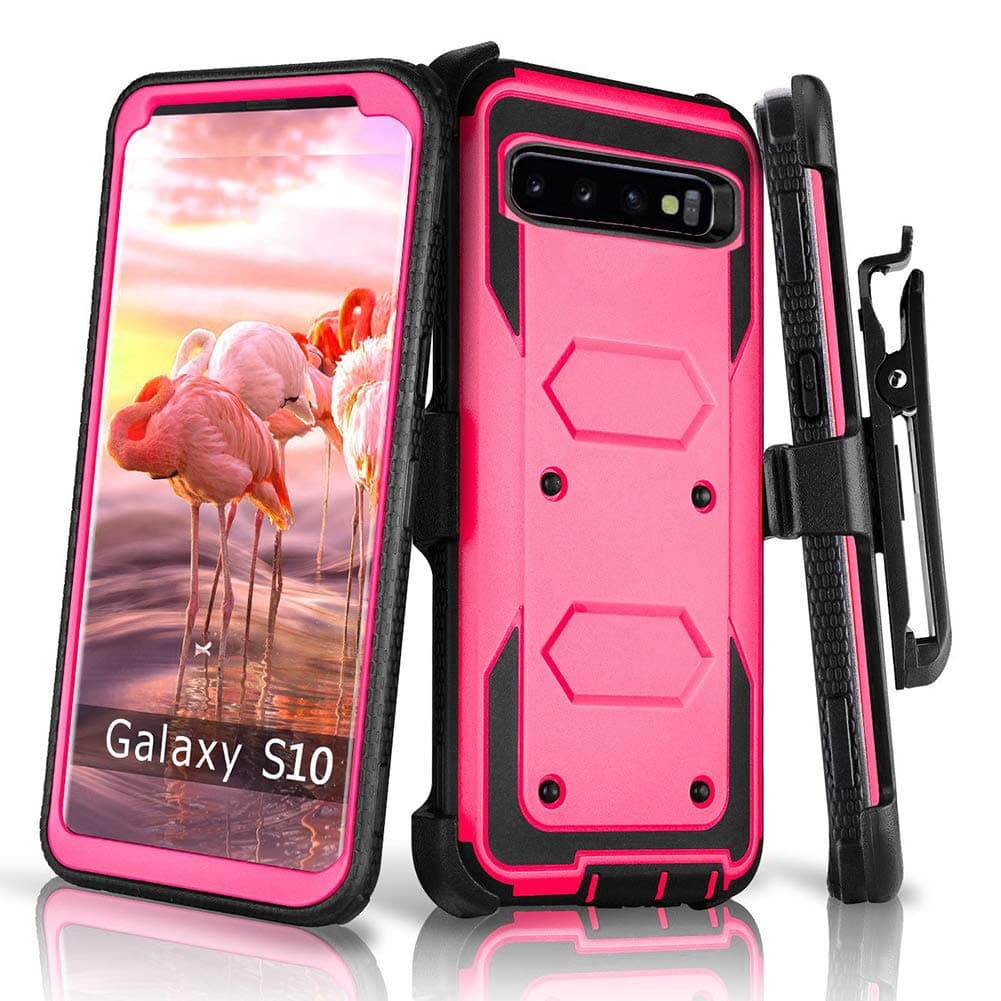 Compatible Galaxy S10+ Plus Case, HONTECH Heavy Duty Armor 2 in 1 Shockproof Series Dust-Proof Cover with a Screen Protector Case with a Belt-Clip Holster (Rose red)