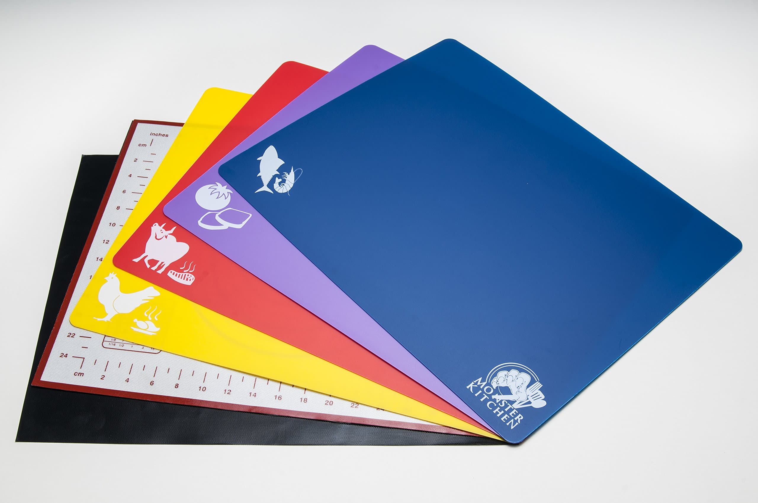 4 Flexible Anti-Microbial Cutting Mats Plus 2 Bonuses: a Chef's Guided Silicone Pastry Mat and a Renowned Bonus BBQ Heat Resistant Grill Mat