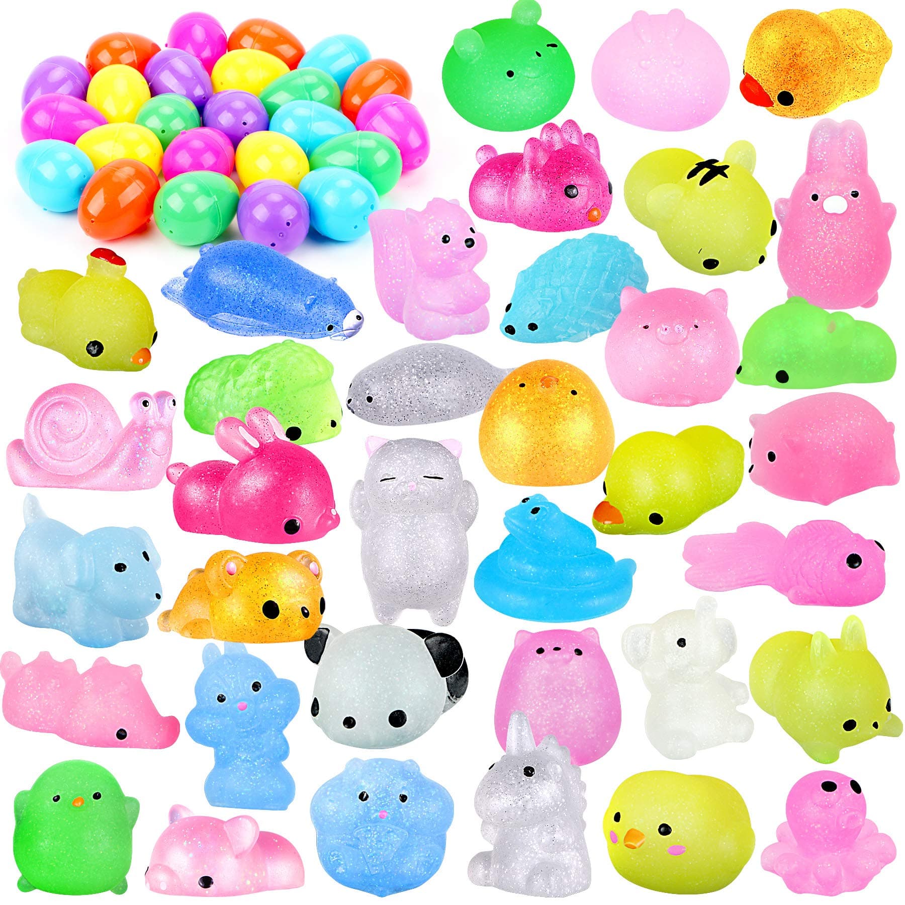 UFUNGA 36 Pcs Easter Basket Stuffers with Squishy Toys, Prefilled Easter Eggs with Glitter Mini Soft Animals, Squishy Stress Relief Toys for Easter Basket