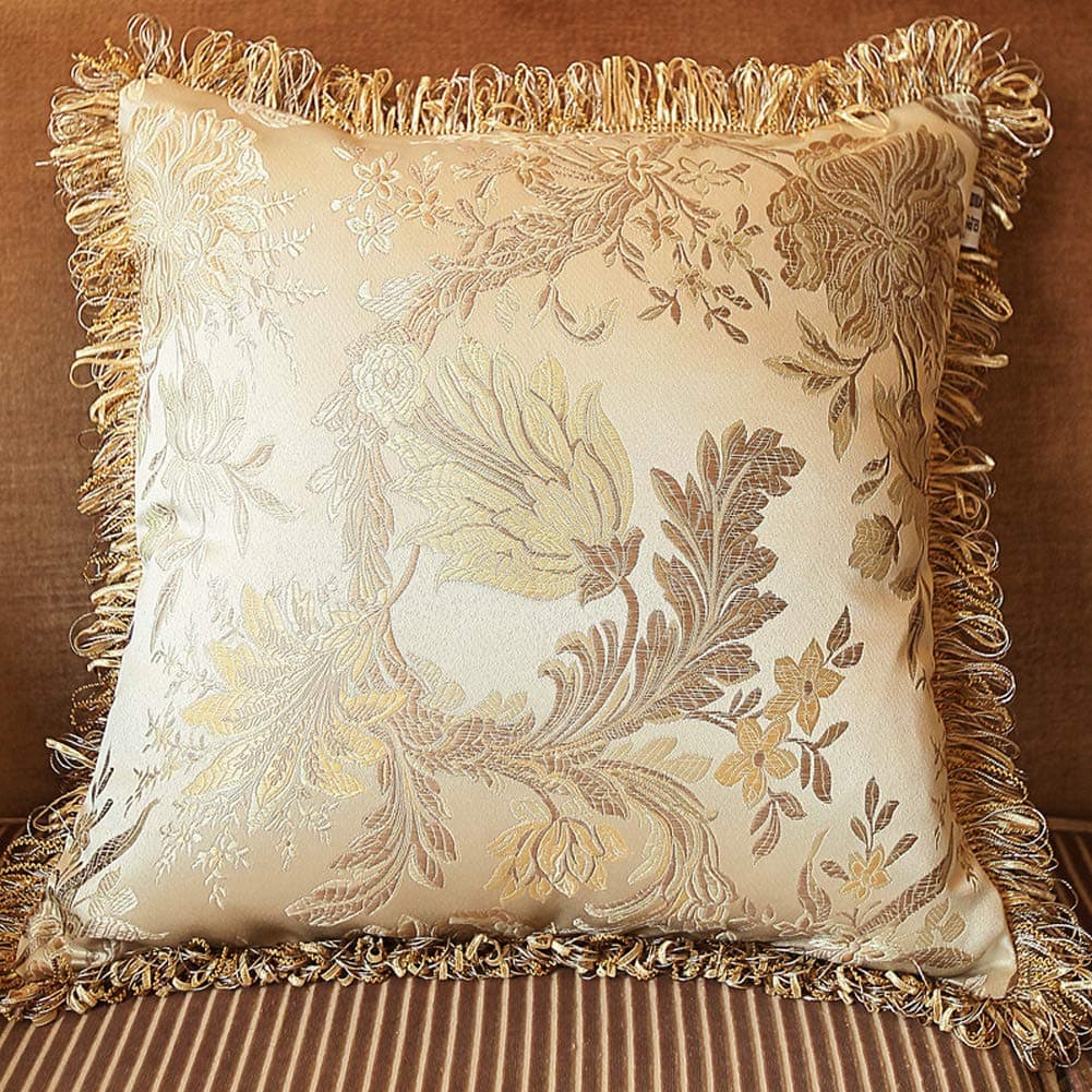 MeMoreCool Square Soft Throw Pillow Cover, Satin Floral Pattern Pillowcase 18 x 18 Inches, Champagne Color Pillowslip for Car, Sofa or Bed