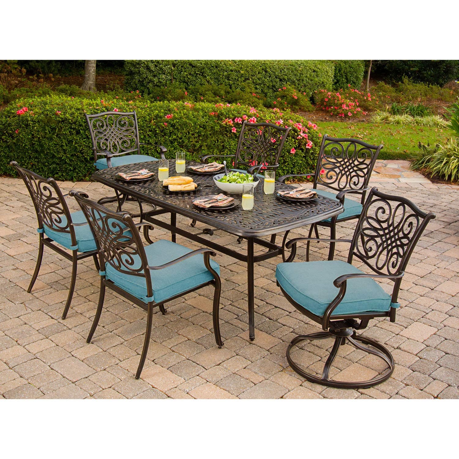 Hanover Traditions 7-Piece Outdoor Dining Set with Rust-Resistant Aluminum Dining Table, 4 Elegant Dining Chairs and 2 Swivel Rockers with Blue Cushions, Patio Dining Set for 6