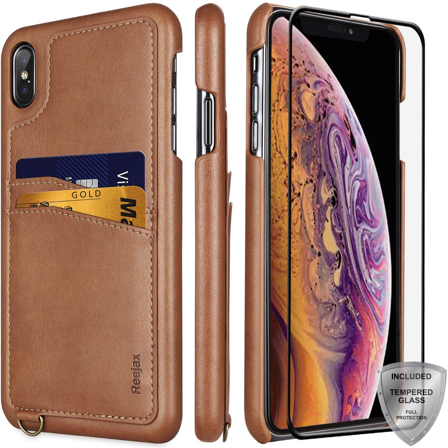 Reejax iPhone Xs Max Case, Slim Wallet Case with ID/Credit Card Holders and Glass Screen Protector,Luxury Brown PU Leather Case for Men Women Protective Cover Phone Case for iPhone Xs Max 6.5 inch