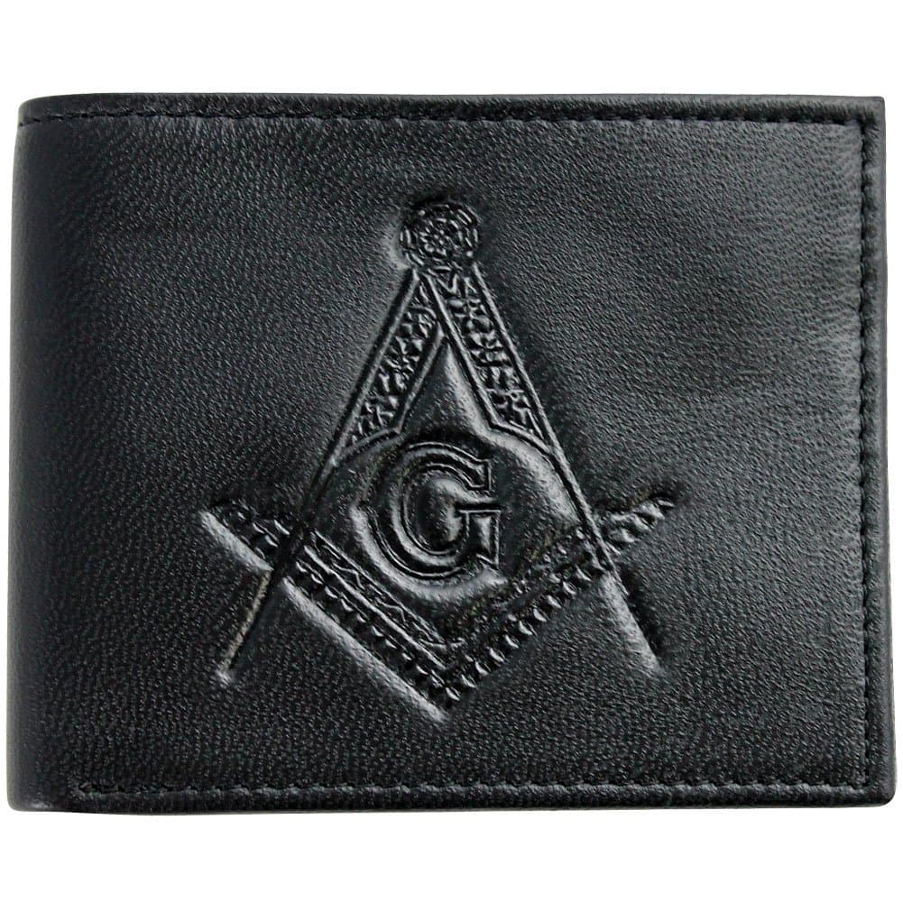 Masonic Emblem Genuine Black Leather Wallet RFID Protected w/ 8 Card Slots +