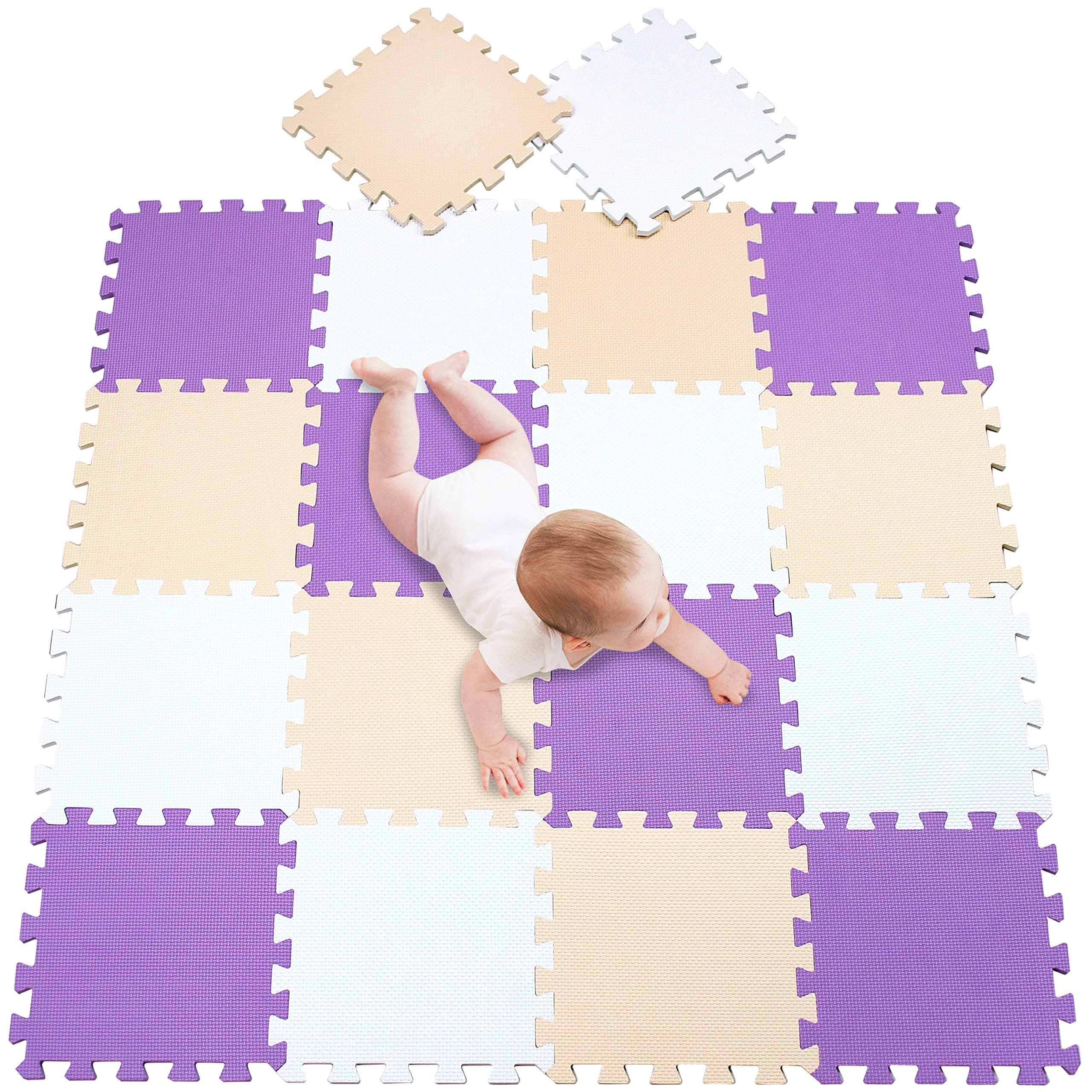 meiqicool Foam Play Mat - 18pcs Soft EVA Interlocking Foam Floor Mats Children Yoga Exercise Jigsaw Puzzle Blocking Board Kids Playmats Tiles playmats Foam Play White Beige Purple 011011
