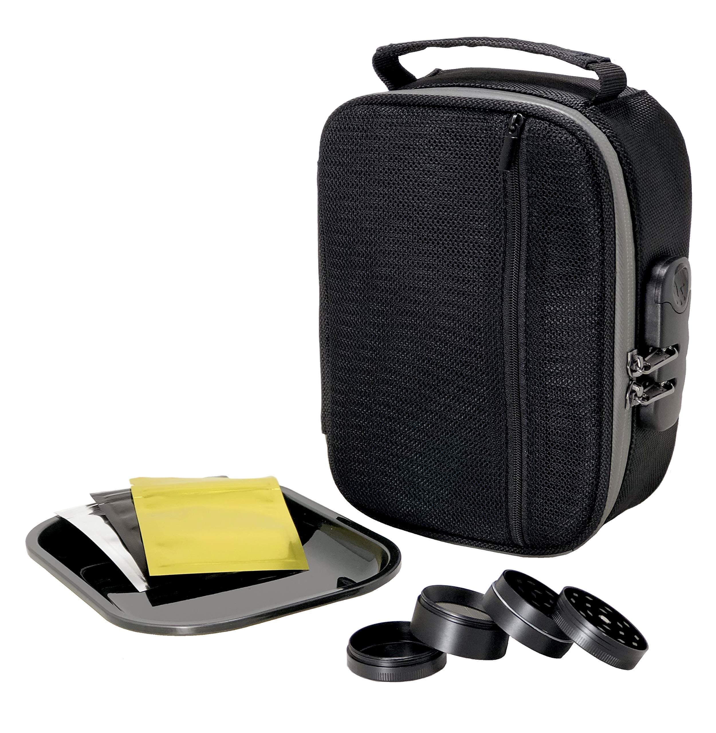 Smell Proof Bag with Combination Lock by STASHL - Discreet Logo Free Smell Proof Case Container Comes with a Free Herb Grinder, Rolling Tray and 3 Resealable Travel Bags