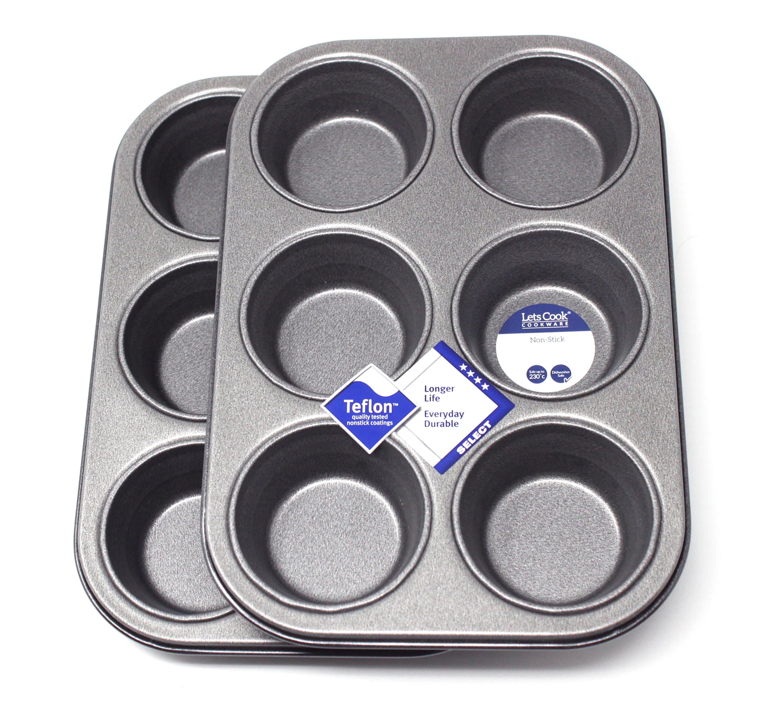 6 Hole Muffin Pan/Tin Baking Tray, Twin Pack, British Made with Teflon Select Non Stick by Lets Cook Cookware