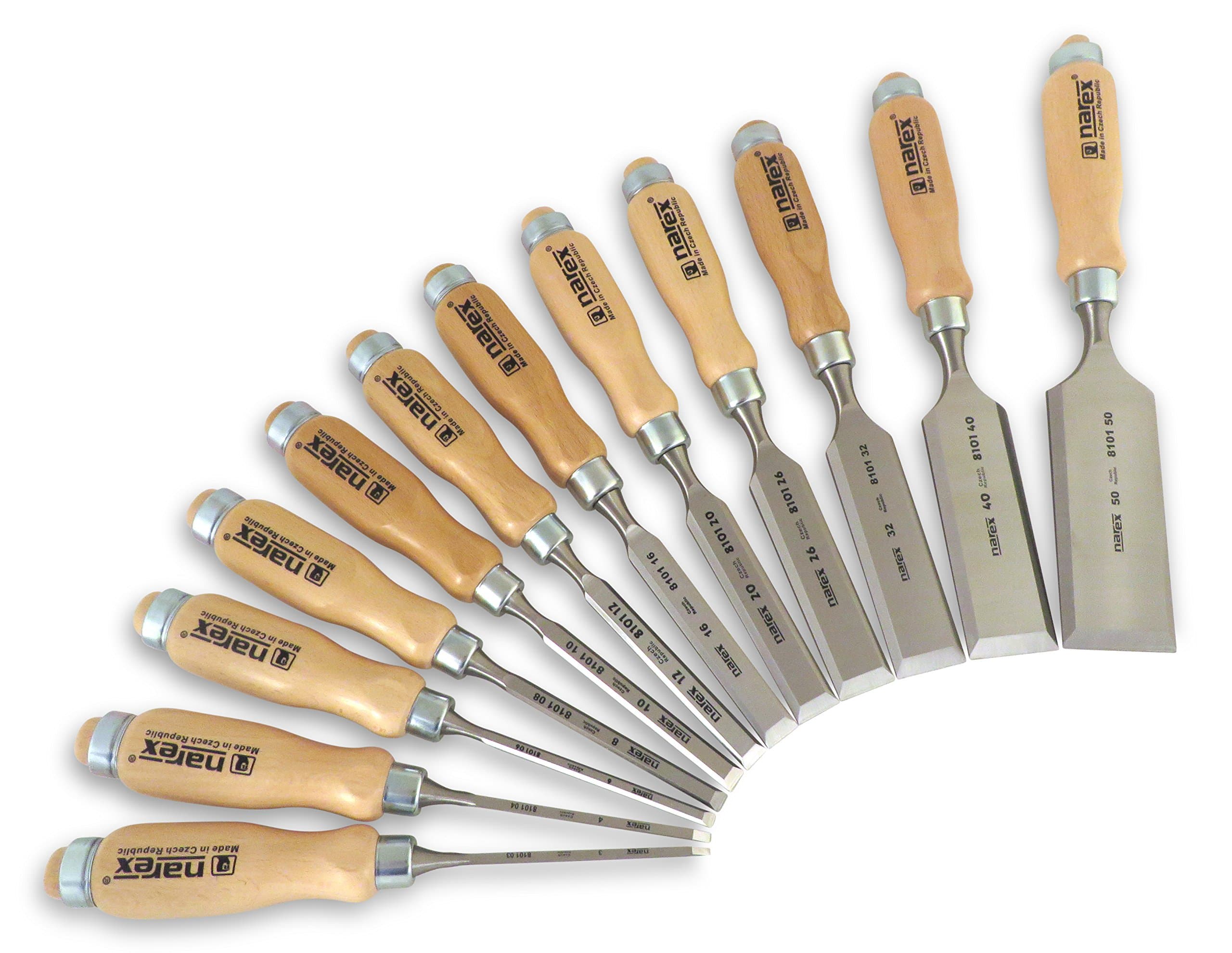 Narex 12 Piece Chisel Set Containing 3 mm (1/8) 4 mm (3/16), 6 mm (1/4), 8 mm (5/16), 10 mm (3/8) 12 mm (1/2), 16 mm (5/8), 20 mm (11/16) , 26 mm (1 1/16), 32 mm (1 1/4), 40 mm (1 5/8) and 50 mm (2) 810103-50 by Narex