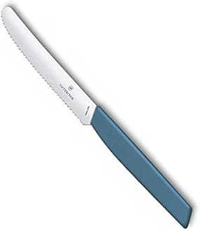 Victorinox Stainless Steel Kitchen Knife, "Swiss Modern" 11 cm Multipurpose, Round Tip Wavy Edge Knife for Professional and Household Kitchen, Cornflower Blue, Swiss Made, Standard