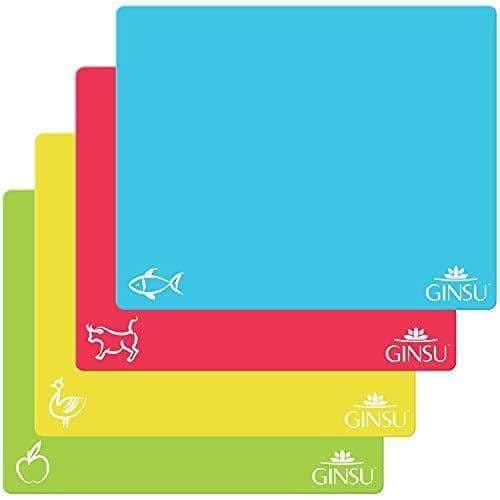 Ginsu Flexible Plastic Cutting Boards - Extra Thick 1.2mm Dishwasher Safe BPA Free - Colorful Cutting Mats with Slip Resistant Waffle Back (Set of 4)