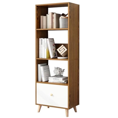 IOTXY Open Shelf Cube Bookcase - 59" Tall Mid-Century Large Bookshelf with Drawer and Deepen Display Storage Cabinet for Home Office, Walnut
