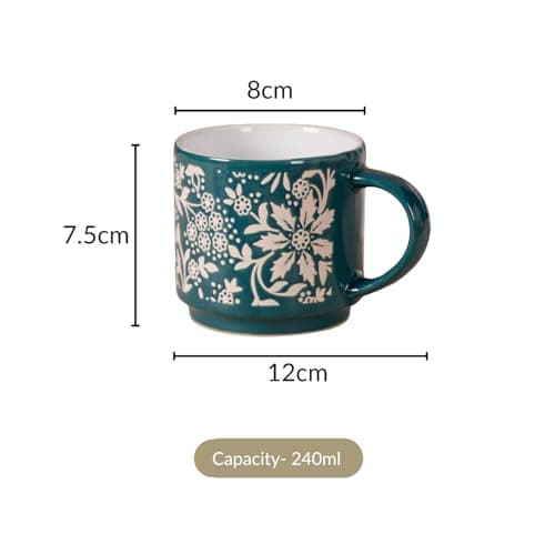 Nestasia Stackable Ceramic Cups Set of 4 (240 ml Each) | Microwave & Dishwasher Safe Tea & Coffee Cups with Glossy Finish | Ideal for Gifting (Floral Green)