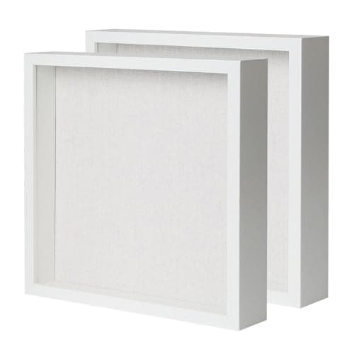 Muzilife Shadow Box Picture Frame with Linen Board Deep Wood Glass Display Case Ready to Hang Memory Box Baby Sports Memorabilia, Pins, Awards, Medals, Wedding, Tickets and Photos, White, 2pcs 12X12