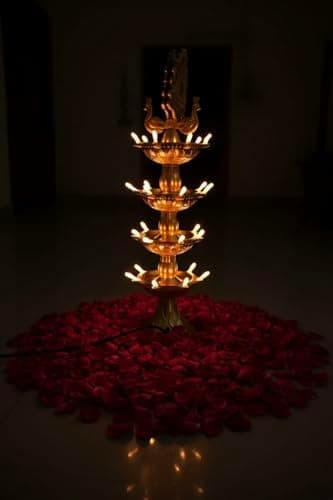 4-Layer LED Electric Diya with Peacock Design, 33 cm Height, Golden Decorative Lamp for Temple, Pooja Room, Diwali Festival ,LED Diya,LED lamp,OM Design,LED Lights