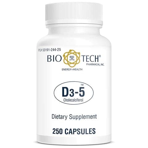 Bio-Tech Pharmacal D3-5 (5000 IU), 250 Capsules – All-Natural Supplement – Supports Bone & Immune Health – No Dairy, Fish, Gluten, Peanut, Shellfish, & Soy – No Artificial Colors