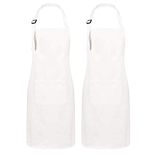 2 Pack 100% Cotton Cooking Aprons with Pockets, White Kitchen Aprons Adjustable Baking Aprons for Men Women Couple Chef