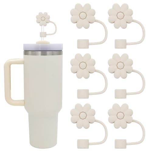 4Pcs 0.4in Diameter Cute Silicone Straw Covers Cap for Stanley Cup, Dust-Proof Drinking Straws Reusable Straws Tips Lids (6 PCS Flower Straw Covers-Off White)