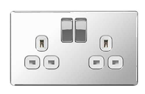 BG Flatplate Screwless 2 Gang 13A Switched Socket Chrome (White Inserts)