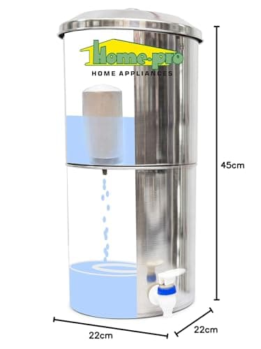 Home-Pro - Gravity Water Filter and Purifier | 18 Liters Total Capacity (9L Bottom & 9L Top) Made with Stainless Steel |Includes 2 Creamic Candle and Food Grade Plastic Tape