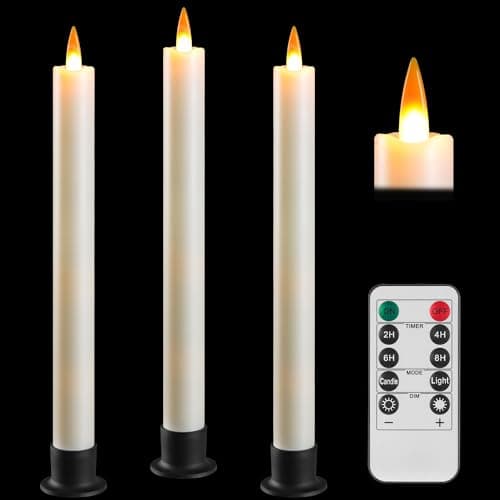 Da by 3 LED Flameless Table Candles with Remote Timer, 9.6 Inch Ivory Candle Holder, Battery Powered 3D Flickering False Flame Window Candle, Free 3 Black Bases