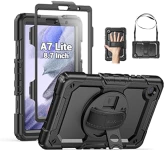 SEYMAC Case for Samsung Galaxy Tab A7 Lite 8.7" (SM-T220/ T225/ T227), Heavy Duty Full-Body Shockproof Protective Case with Screen Protector, Rotating Stand, Hand/Shoulder Strap, Black