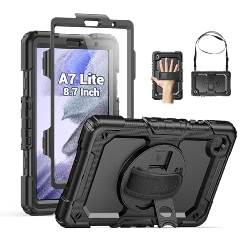 SEYMAC Case for Samsung Galaxy Tab A7 Lite 8.7" (SM-T220/ T225/ T227), Heavy Duty Full-Body Shockproof Protective Case with Screen Protector, Rotating Stand, Hand/Shoulder Strap, Black