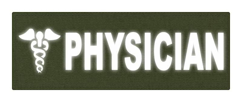Physician Caduceus ID Patch - 8.5x3 - Reflective White Lettering - OD Green Backing - Hook Fabric