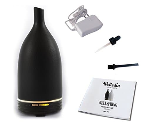 Welledia Wellspring Ceramic Ultrasonic Essential Oil Diffuser, 100ml -Aromatherapy Humidifier w/ AC Plug + Relaxing Light –2 Mist Setting, Auto-Shut Off, Works up to 7 Hrs – Decorative Cover, Black