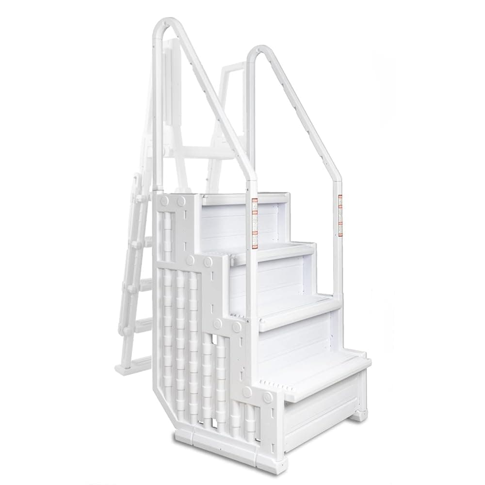 Aqua Select Anti-Slip in-Pool Steps with Outside Flip-Up Ladder | White | for Above Ground Swimming Pools | Can Mount to Decks 48" to 54" H | Safety Stairs Capacity Up to 350 lbs