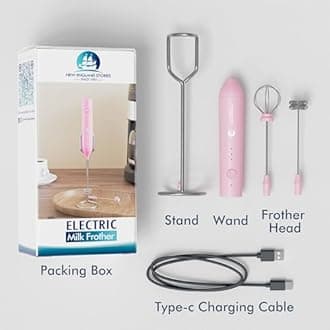 Rechargeable Milk Frother Wand with Stand, Foam Maker with Stainless Whisk, 3-Speeds Electric Handheld Drink Mixer for Coffee, Cappuccino, Latte, Matcha, Hot Chocolate (Pink)