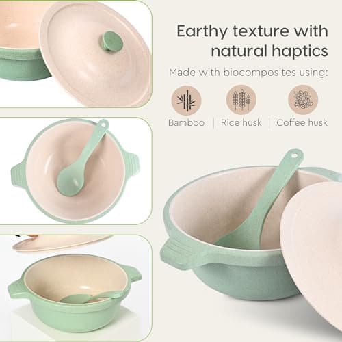 Eha Earth Friendly Serving Bowls with Lid | Microwave Safe | Made with Rice Husk and Bamboo Fibers | 2500 ml Each | Set of 2 | Innocent-Celeste