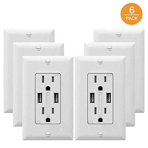 SZICT USB Outlet Receptacle, 6 Pack 3.4A USB Wall Outlet High Speed Charging 15A Tamper Resistant Receptacle, UL-Listed, White (3.4A/15A 6P)