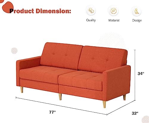 77" Linen Fabric Sofa Bed with Adjustable Backrests, Convertible Loveseat Sofa with Storage Space, Modern Sleeper Couch with Wooden Legs for Living Room, Bedroom, Orange