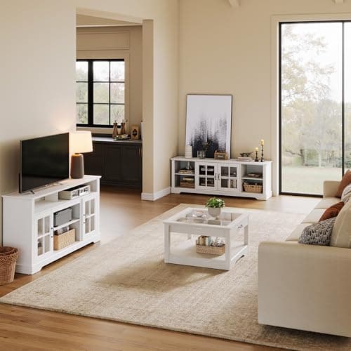 LINSY HOME Coffee Table, 31.5" Square Coffee Table with Glass Tabletop, Open Display Area and Storage Drawer, Modern Farmhouse Center Table for Living Room, White