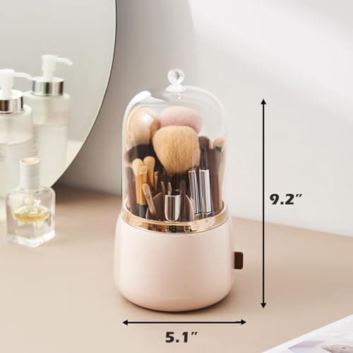 Makeup Brush Holder Organizer with Lid 360 Rotating Dustproof Makeup Brushes Organizer for Vanity (Blush Pink)