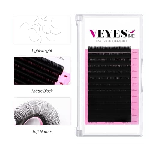 VEYES INC Cashmere Volume Lash Extensions C CC D DD LD L B J M Curl 0.03-0.20 thickness 5-25mm, Super Matte Black Individual Eyelashes Tray, Professional Supplies for Lash Techs (0.18 C 8-16mm)