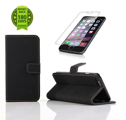 iPhone 6, 4.7 inch Leather Case Wallet cover / Wallet S - Premium STAND Flip Cover - with Built in Media Stand Feature, ID Credit Card / Cash and Inner Pocket Slots (GHS2 Ultra Slim Protective + Screen Protector (Black)