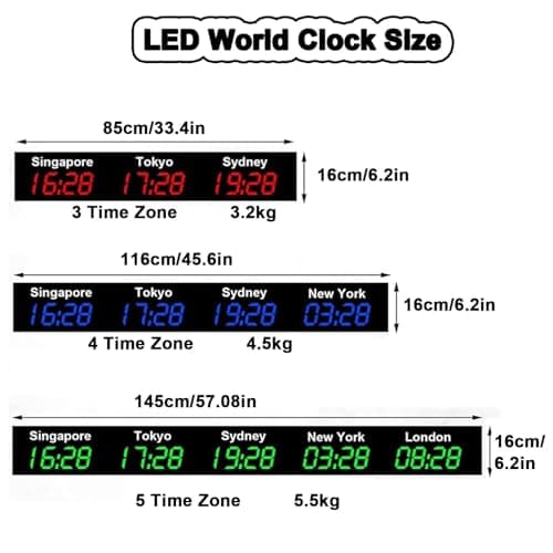 Wall Mounted World Clock, 3/4/5 City Time Zone LED Digital World Time Wall Clock Indoor Multi Time Zone World Wall Clock for Multinational Enterprises/Office/Home/Living Room/School,Green-4City
