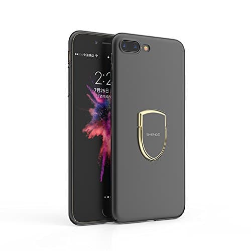 iPhone 7 Plus Case, SHENGO Rubberizing PC Cover with Metal Bracket - Magnet Adsorption - Supper Thin - Creative Ring Holder - UV Coating Anti-Scratch for (5.5 in) (Black)