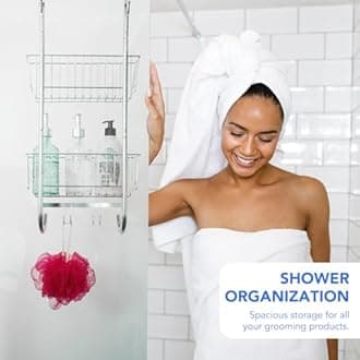 Bamodi Shower Caddy Hanging - 2-Tier Over Door Shower Basket Chrome-Plated - No Drilling Required - Fits Screens up to 2 cm - Hangable Shower Rack with 2 Towel Hooks (70 x 19 x 18.5 cm)