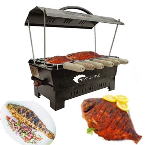 Hot Life Export Quality Smart Looking Hut Shape Charcoal Barbeque Grill with 6 Wooden Handle Skewers,Steel Tong,Hand Gloves & Grill Stand (Black) Comboo