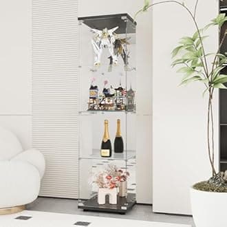 LFT HUIMEI2Y Glass Display Cabinet 4-Shelf with Door, Lock and Mirror, Curio Cabinets Upgraded Quick-Install Style Tempered Glass Display Showcase for Bedroom, Living Room 66”x 17”x 14” Black