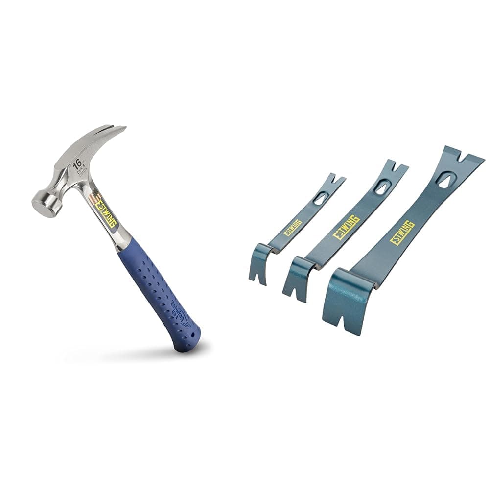 ESTWING Hammer - 16 oz Straight Rip Claw with Smooth Face & Shock Reduction Grip - E3-16S & 3-Piece Pry Bar Set - 5.5", 7.5" & 10" Nail Pullers with Wide, Thin Blades