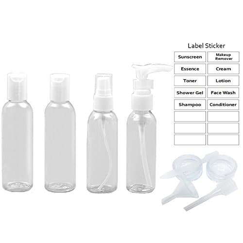 Miniyo, Empty Refillable Cosmetic Containers, Plastic Travel Set, (11 pcs) Toiletries & Cosmetic Travel Size Leak Proof including 4 Bottles + 2 Jars+ 3 Accessories + 1 Zipper Bag + 1 Label Sticker