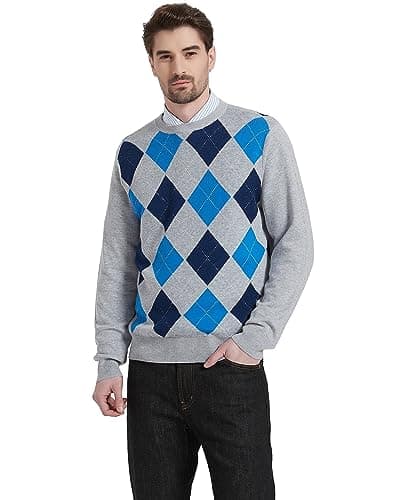 Kallspin Men's Wool Blend Crewneck Sweater Argyle Long Sleeve Pullover Sweater for Casual Or Dressy Wear