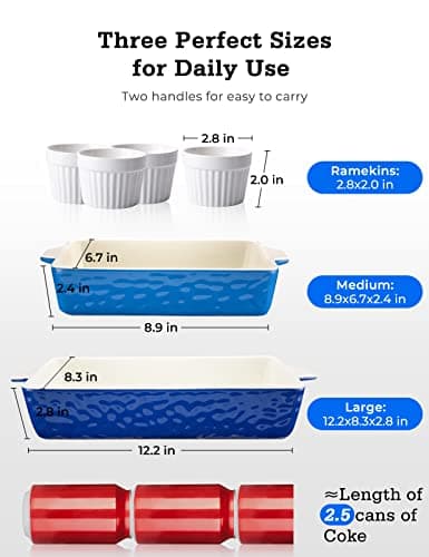 Ceramic Baking Dish and Ramekins Set Casserole Dish with Handles Packaging Upgrade Nonstick Ceramic Bakeware Ramekins Bowls for Baking Souffle, Cooking, Cakes, Lasagna & Gift, Blue