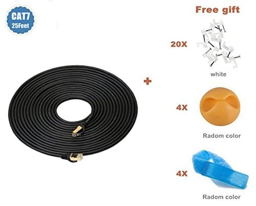 Premium CAT7 Ethernet Patch Network Cable Double Shielded RJ45, 10 Gigabit 600MHz for Switch / Route / Modem / Patch Panel - Gold Plated & Shielded RJ45 Connectors, 25 Feet Black