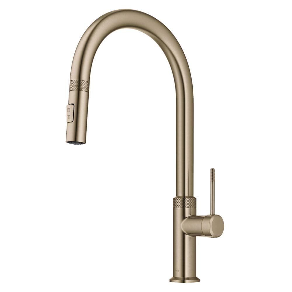 Allyn Modern Industrial Pull-Down Single Handle Kitchen Faucet in Brushed Gold, KPF-2654BG