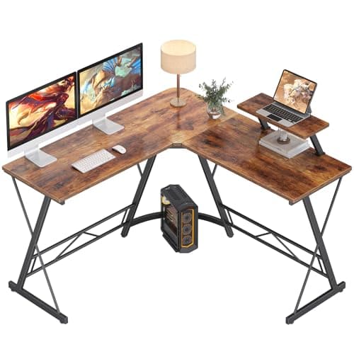 Mr IRONSTONE L Shaped Computer Desk: Corner Desk, Home Office Desk, Gaming Writing Workstation with Large Monitor Stand, Easy to Assemble (Rustic Brown,51 Inch)