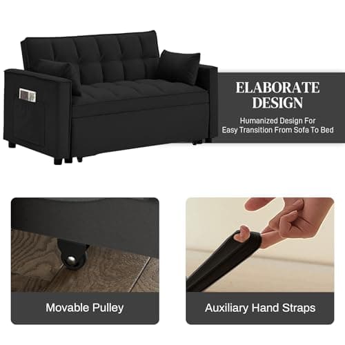 3 in 1 Convertible Sleeper Sofa Bed, Modern Futon Couch Pullout Couches Bed, Velvet Small Loveseat with Adjustable Backrest, Storage Pockets and Pillows for Living Room (Black)
